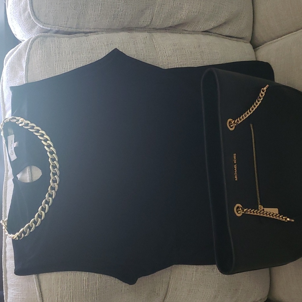 Michael Kors New Black Med chain tote with a blouse